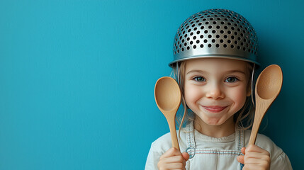 Playful child wearing a colander as a helmet and holding wooden spoons like drumsticks