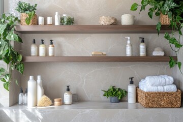 Spa-Inspired Bathroom Shelf Styling with Natural Elements and Luxury Products
