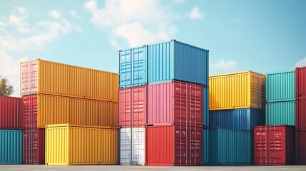 Fototapeta premium Stacked shipping containers in various colors, representing global trade and connectivity.