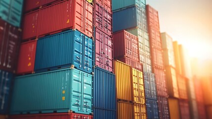 Fototapeta premium Stacked shipping containers in various colors, representing global trade and connectivity.