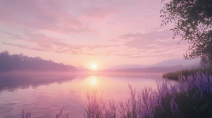 Obraz premium A beautiful sunset over a lake with purple flowers in the foreground