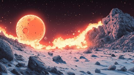Fototapeta premium Surreal Extraterrestrial Landscape with Fiery Lava, Bizarre Rock Formations, and a Large Red Planet in the Background Against a Starry Sky
