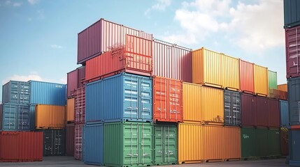 Stacked shipping containers in various colors, representing global trade and connectivity.