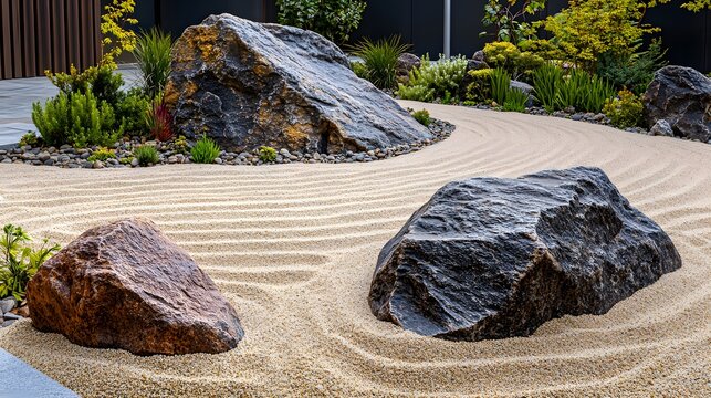A serene rock garden featuring smooth sand patterns and vibrant greenery for relaxation.