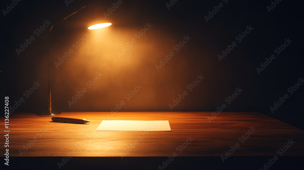 Poster a serene workspace featuring a desk lamp illuminating a blank page for creativity.