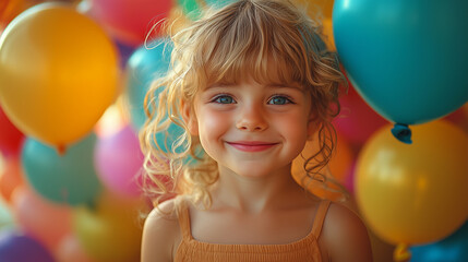 Obraz premium Smiling child surrounded by colorful balloons at a cheerful celebration