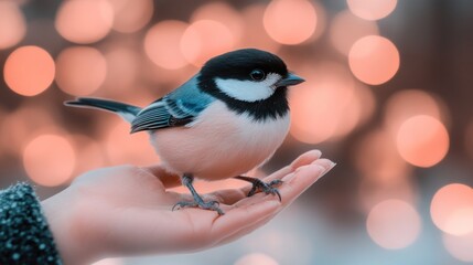 Naklejka premium Small bird perched on a human hand, bokeh background.