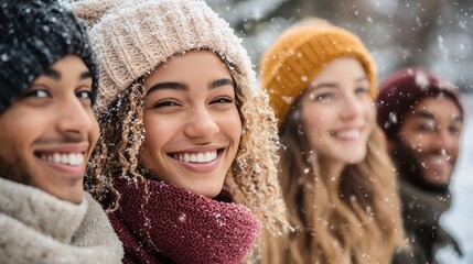 Happy multi-ethnic friends enjoying snowfall, wearing winter clothes and smiling
