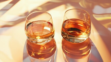 Two glasses filled with rich amber brandy, resting on a reflective surface that accentuates the glow of the liquid.