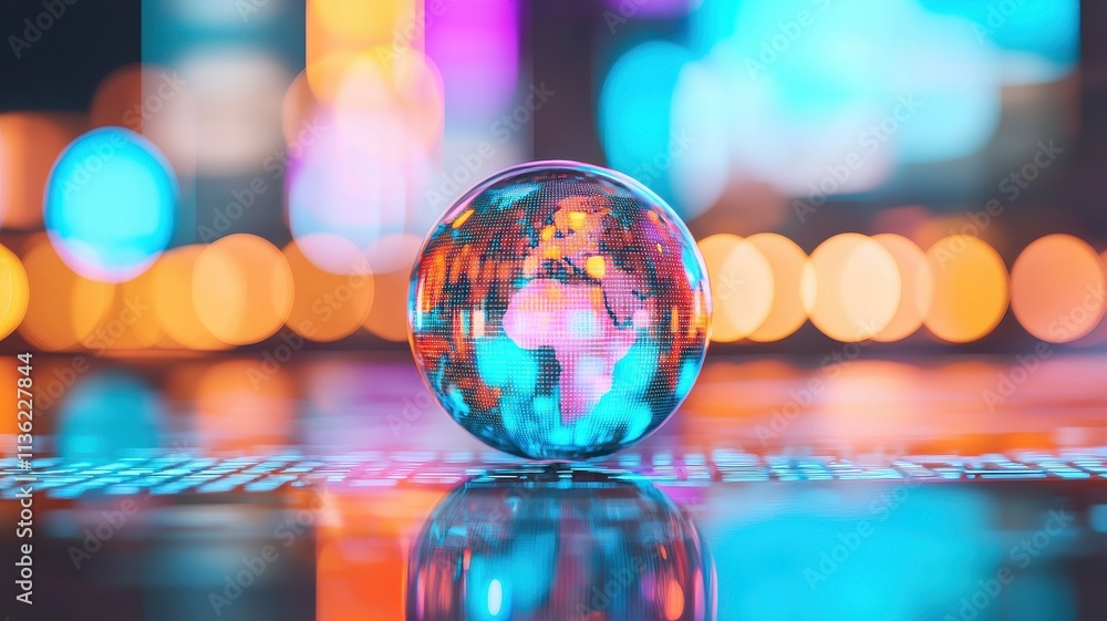 Poster global business digital world illuminated globe data technology network