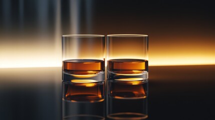 Two glasses of brandy placed elegantly on a reflective surface, with rich amber liquid glowing under soft lighting.