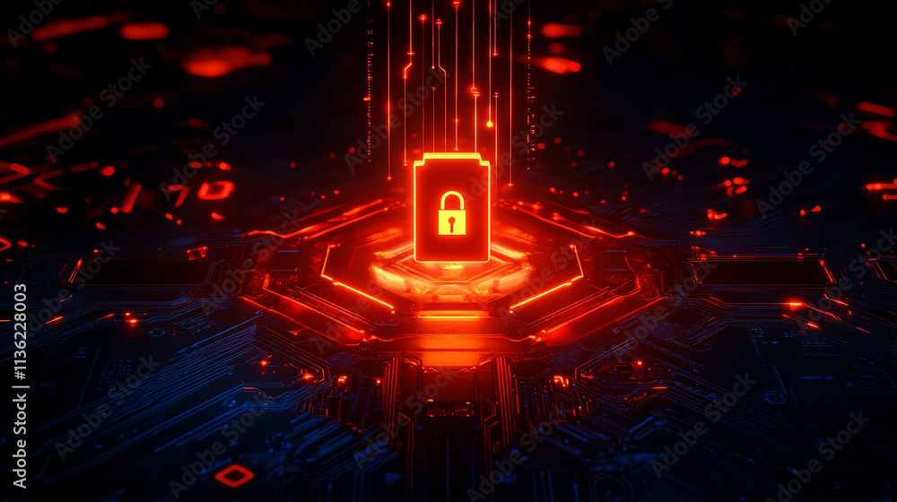 Poster digital lock symbolizing cybersecurity and protection in a tech background.