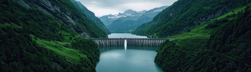 Obraz premium Majestic Alpine Dam Green Mountains Aerial View Lake Power Station Switzerland