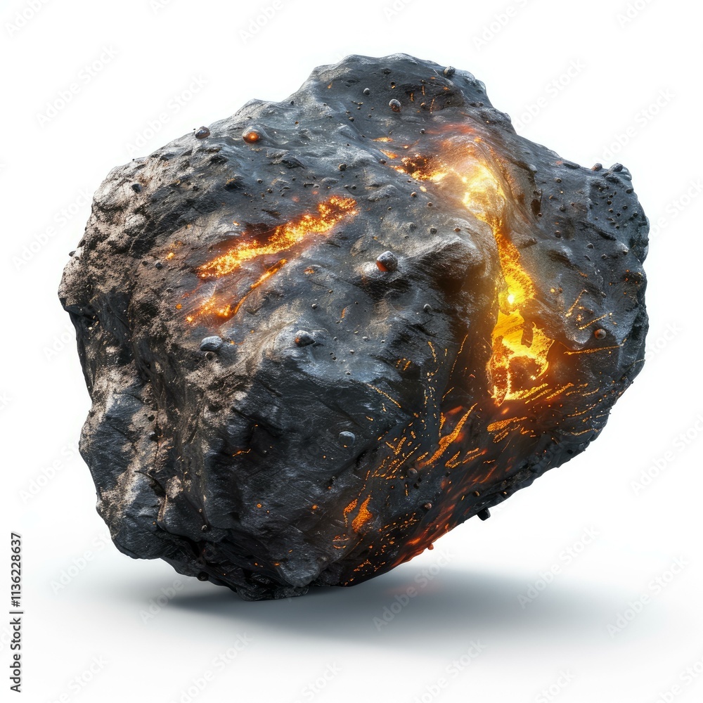 Poster asteroid exploding with internal magma and lava erupting from crevices, isolated on white background