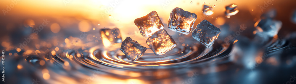 Poster ice cubes splashing into water with shimmering reflections and warm light backdrop.