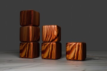 Stacked wooden cubes with intricate grain patterns on a marble surface. The polished finish and...