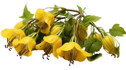 Vibrant yellow bellwort flower with curled petals, symbolizing springtime freshness, isolated on transparent background.