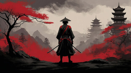 Fototapeta premium Minimalist Samurai Silhouette in Red and Black Smoke