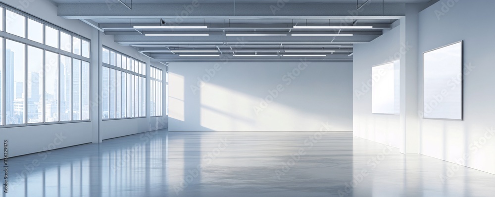 Poster Modern empty gallery interior with big windows and city view