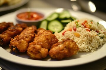 A plate of crispy chicken wings served with rice, cucumber, and dipping sauce.