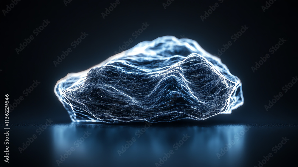 Poster a glowing rock with dynamic lines and textures illuminated against a dark background.