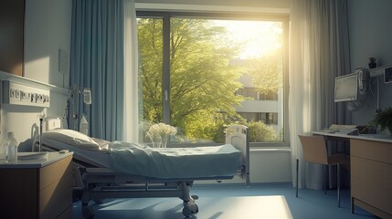 Recovery room bathed in warm sunlight, symbolizing hope and renewal in healing spaces.