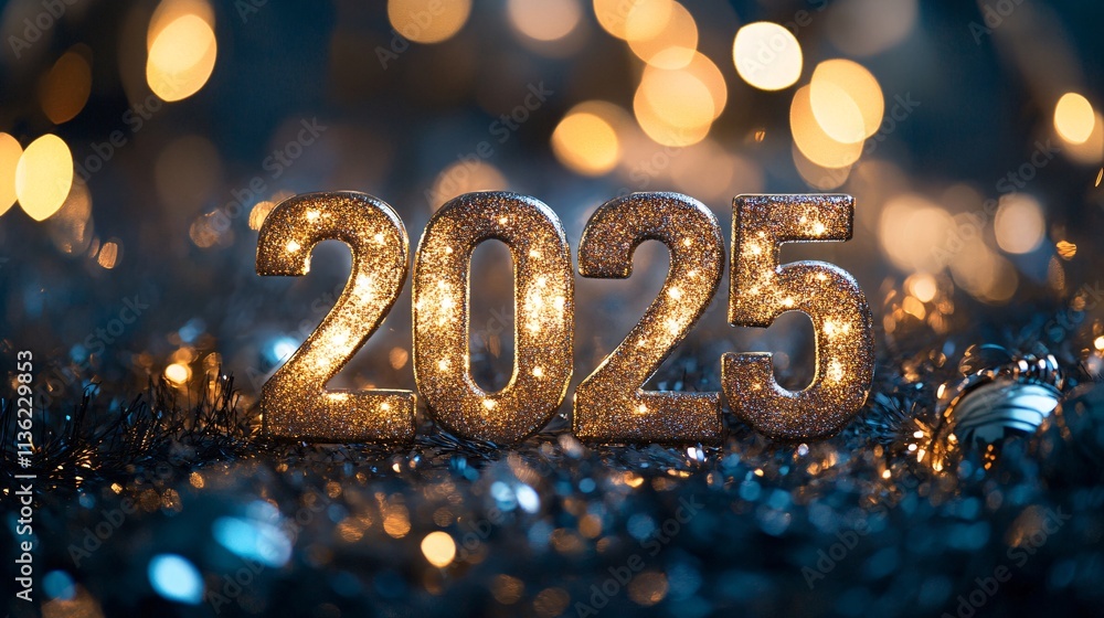 Poster 2025 new year illuminated sign with sparkling bokeh lights celebrating the upcoming year