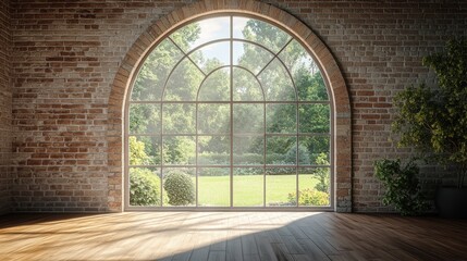 Sunlight streams through arched window in brick wall, illuminating empty room with hardwood floor...