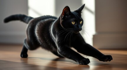 A sleek black cat loosens up in a cozy, sun-drenched room, stretching its body with fluid motion, radiating playfulness and agility