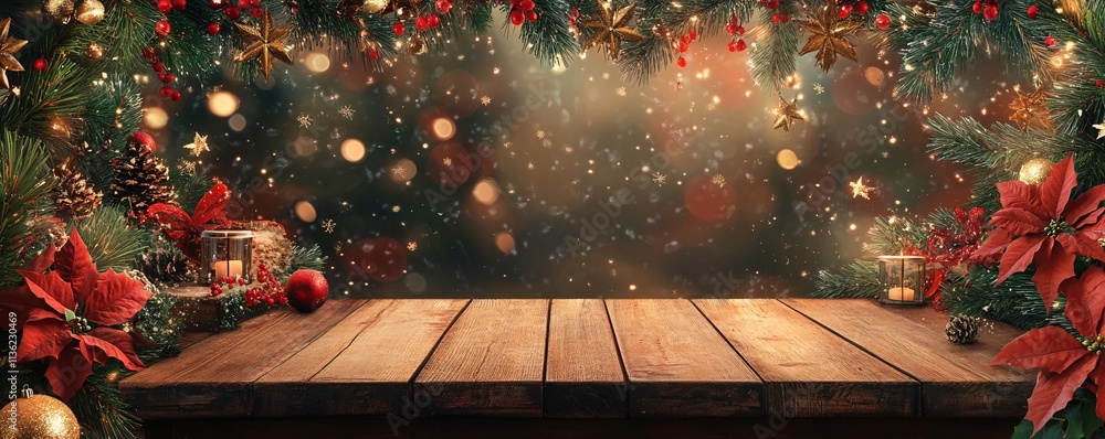Poster festive christmas background with empty wooden table for a display and falling snow effect