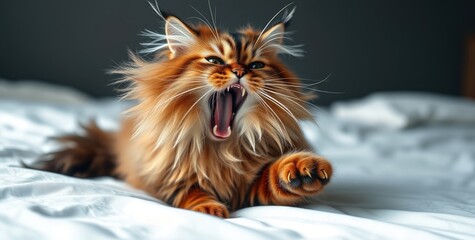Naklejka premium A fluffy cat displays its joyful energy by stretching and yawning, creating a charming moment in a tranquil indoor environment