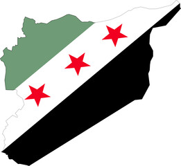 new Syrian flag in Syria map shape.
eps vector of the new Syrian flag with green, white, and black horizontal stripes and three red stars in the center, symbolizing freedom and revolution.