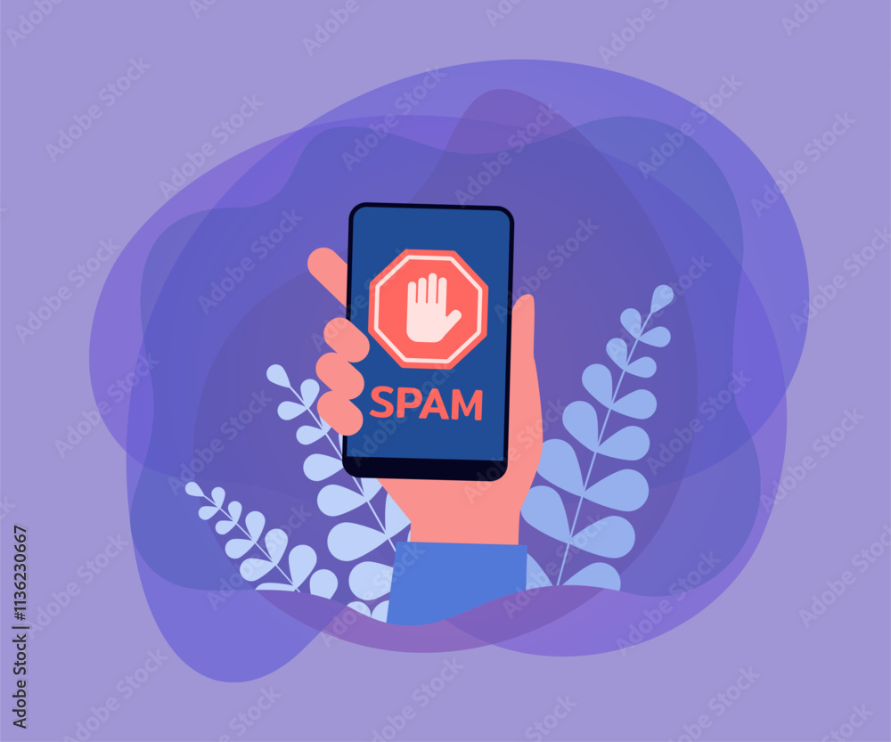Poster hand holding mobile phone with spam warning on screen. email app user receiving spam message flat ve