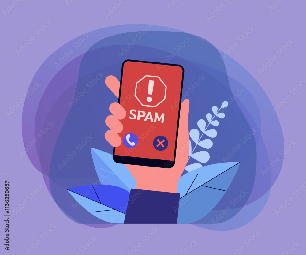 Poster hand holding smartphone with spam call warning on screen. dangerous call flat vector illustration. s
