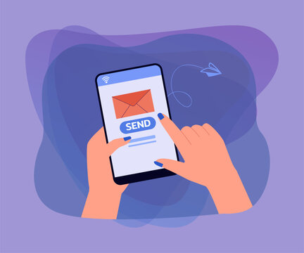Hand holding smartphone with envelope and send button on screen. Person sending letter via mobile app flat vector illustration. Technology, internet, communication concept for banner or landing page