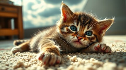 A playful kitten stretches out comfortably on a plush carpet, basking in the warm afternoon sunlight streaming through the window, embodying pure relaxation