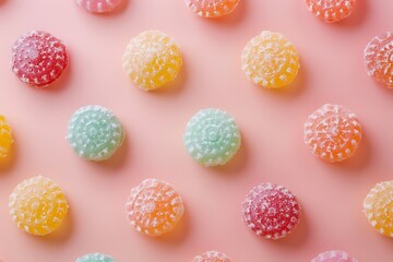 Sweet lollipops and candies on pink background, A colorful assortment of jelly beans with a pink, yellow, Funfetti Bundt Cake.
