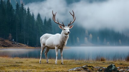 Obraz premium A majestic white deer with perfect antlers, with beautiful lake and mountain views