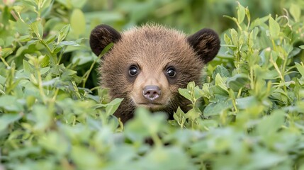 Fototapeta premium Adorable brown bear cub peeking from green bushes.
