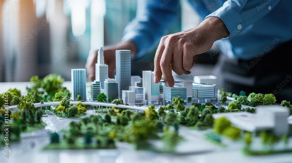 Aufkleber engineers collaborating on scale model design of urban landscape with hands-on techniques and creati