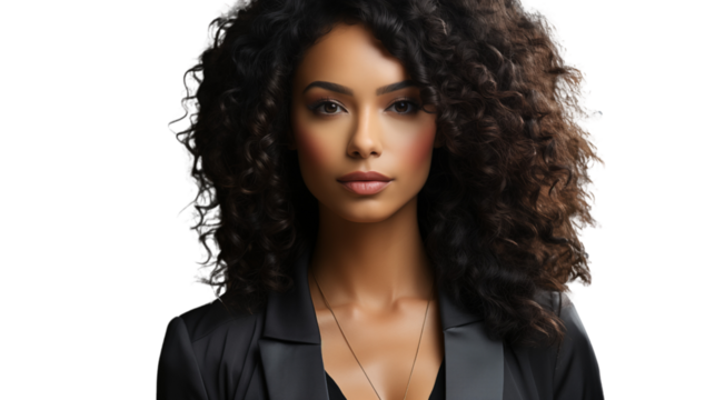 Determined Black businesswoman in a sleek outfit, representing ambition and workplace diversity, isolated on transparent background.