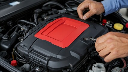 Naklejka premium Car Engine Repair Mechanic s Hands Servicing Auto Motor