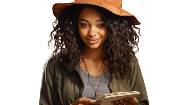 Black female farmer using a tablet in the field, managing crop data with modern tools, isolated on transparent background.