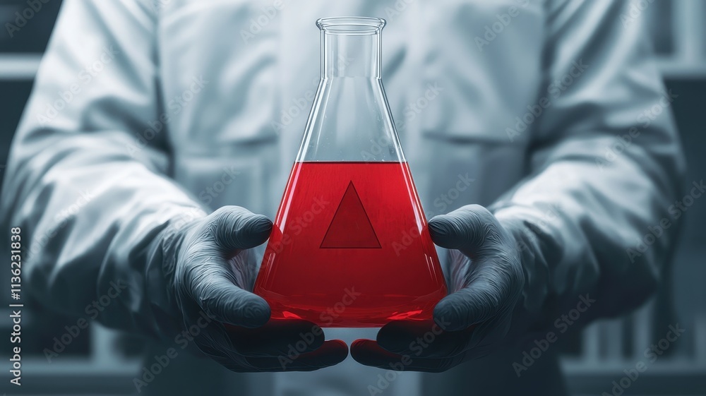 Poster scientist hands holding red liquid erlenmeyer flask lab experiment science research