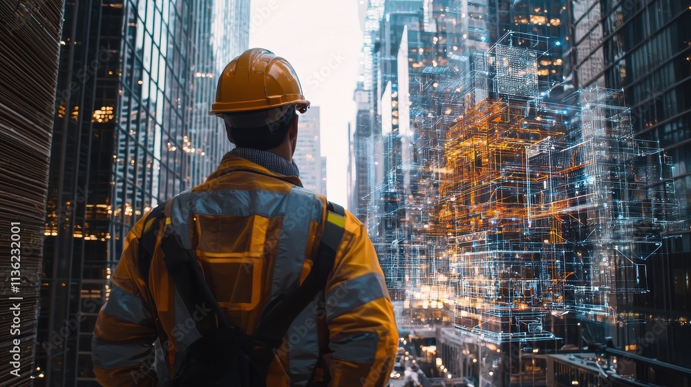 Poster construction worker utilizing advanced technology for building design and urban development in moder