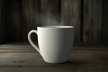 Aromatic Steam Rising from a White Mug on Rustic Wooden Table