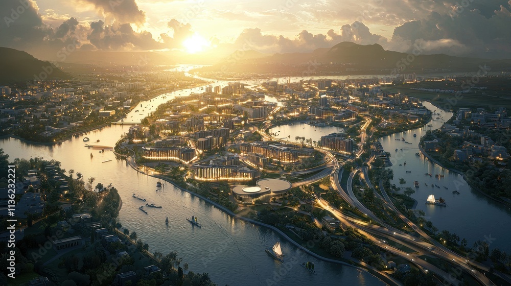 Poster digital rendering of a smart city with interconnected infrastructure and scenic river view at sunset