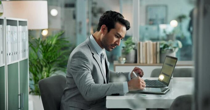 Laptop, tablet and typing with business man at desk in office to update online account or report. Administration, data analysis and information storage with financial employee at work for compliance
