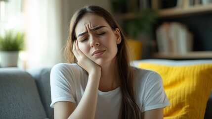 Woman in distress holding her face with a pained expression