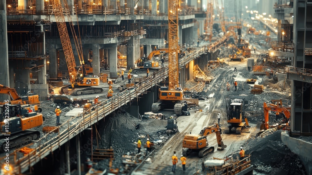 Poster detailed view of large scale construction project with multiple cranes and workers engaged in variou